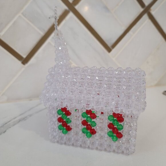 Handcrafted Beaded Church With Cross Clear Red & Green Beads sparkle table decor - Picture 9 of 9